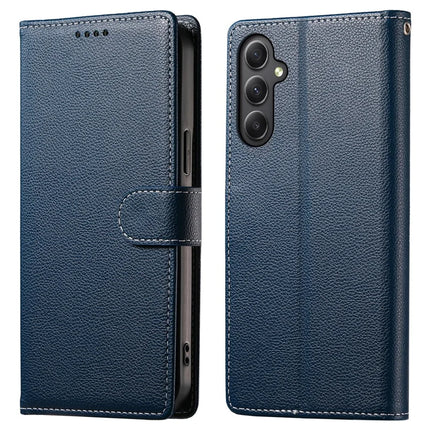 DF-012 For Samsung Galaxy A35 5G Case Litchi Texture Leather Magnetic Clasp Wallet Stand Phone Cover - Dark Blue