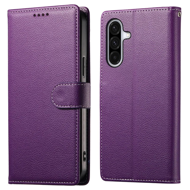 DF-012 For Samsung Galaxy A56 5G / A36 5G Case Litchi Texture Leather Magnetic Clasp Wallet Stand Phone Cover - Purple