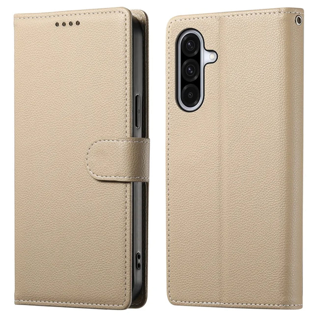 DF-012 For Samsung Galaxy A56 5G / A36 5G Case Litchi Texture Leather Magnetic Clasp Wallet Stand Phone Cover - Apricot