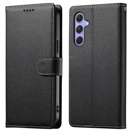 DF-012 For Samsung Galaxy A55 5G Case Litchi Texture Leather Magnetic Clasp Wallet Stand Phone Cover - Black