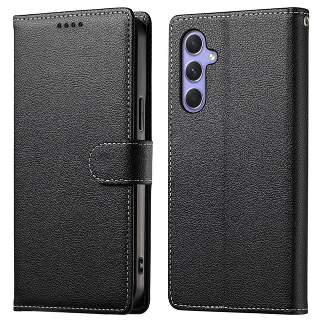 DF-012 For Samsung Galaxy A55 5G Case Litchi Texture Leather Magnetic Clasp Wallet Stand Phone Cover - Black