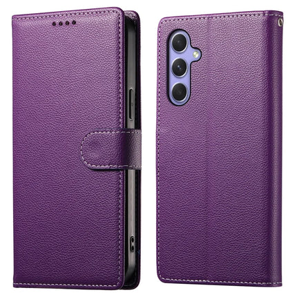 DF-012 For Samsung Galaxy A55 5G Case Litchi Texture Leather Magnetic Clasp Wallet Stand Phone Cover - Purple