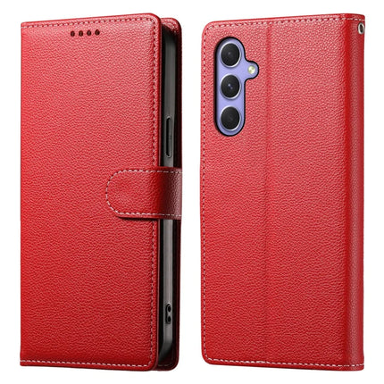 DF-012 For Samsung Galaxy A55 5G Case Litchi Texture Leather Magnetic Clasp Wallet Stand Phone Cover - Red