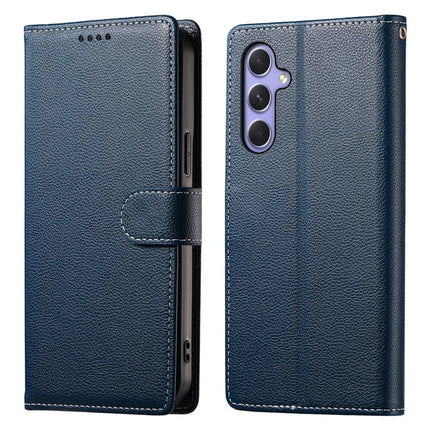 DF-012 For Samsung Galaxy A55 5G Case Litchi Texture Leather Magnetic Clasp Wallet Stand Phone Cover - Dark Blue