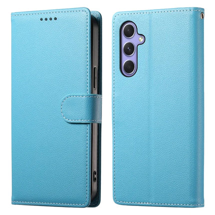 DF-012 For Samsung Galaxy A55 5G Case Litchi Texture Leather Magnetic Clasp Wallet Stand Phone Cover - Sky Blue