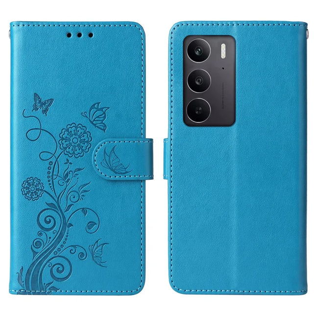For Realme C75 / 14x 5G Case Butterfly Floral Imprint Wallet Stand Leather Phone Cover - Blue