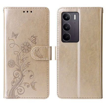 For Realme C75 / 14x 5G Case Butterfly Floral Imprint Wallet Stand Leather Phone Cover - Gold