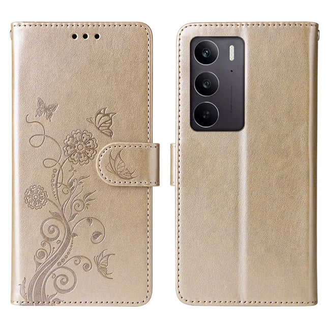 For Realme C75 / 14x 5G Case Butterfly Floral Imprint Wallet Stand Leather Phone Cover - Gold
