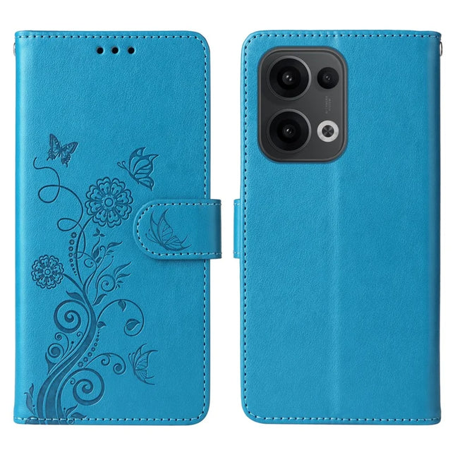 For Oppo Reno13 5G (Global) Case Butterfly Floral Imprint Wallet Stand Leather Phone Cover - Blue