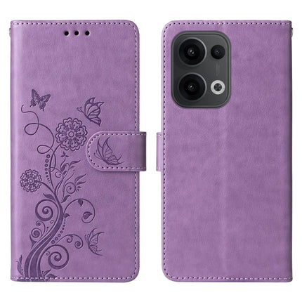 For Oppo Reno13 5G (Global) Case Butterfly Floral Imprint Wallet Stand Leather Phone Cover - Purple