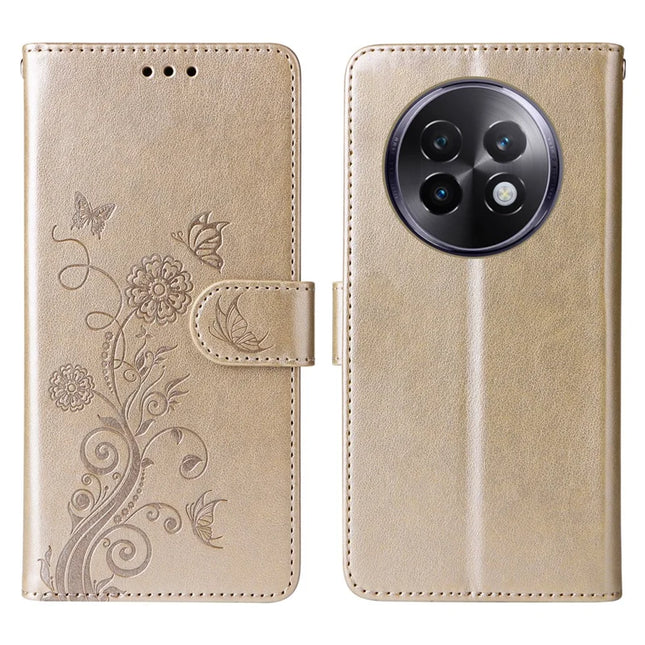 For Realme 13+ 5G / 13 Pro 5G (China) Case Butterfly Floral Imprint Wallet Stand Leather Phone Cover - Gold