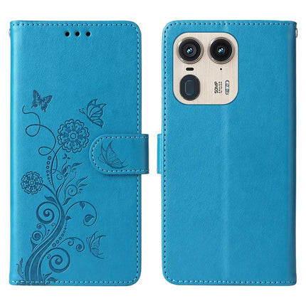 For Motorola Edge 50 Ultra 5G / Moto X50 Ultra 5G Case Butterfly Floral Imprint Wallet Stand Leather Phone Cover - Blue