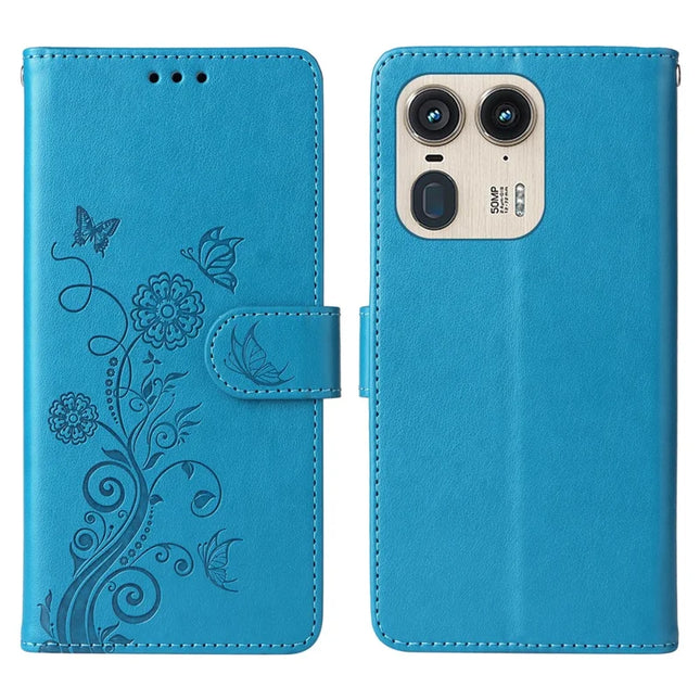 For Motorola Edge 50 Ultra 5G / Moto X50 Ultra 5G Case Butterfly Floral Imprint Wallet Stand Leather Phone Cover - Blue