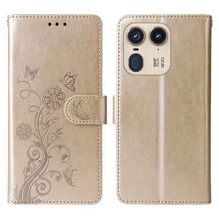 For Motorola Edge 50 Ultra 5G / Moto X50 Ultra 5G Case Butterfly Floral Imprint Wallet Stand Leather Phone Cover - Gold