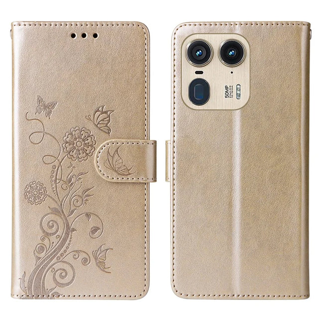 For Motorola Edge 50 Ultra 5G / Moto X50 Ultra 5G Case Butterfly Floral Imprint Wallet Stand Leather Phone Cover - Gold