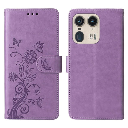 For Motorola Edge 50 Ultra 5G / Moto X50 Ultra 5G Case Butterfly Floral Imprint Wallet Stand Leather Phone Cover - Purple