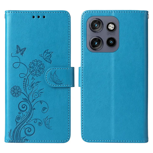 Phone Case For Motorola Edge 50 Neo 5G / Moto S50 5G / ThinkPhone 25 5G Wallet Stand Butterfly Floral Imprint Leather Cover - Blue
