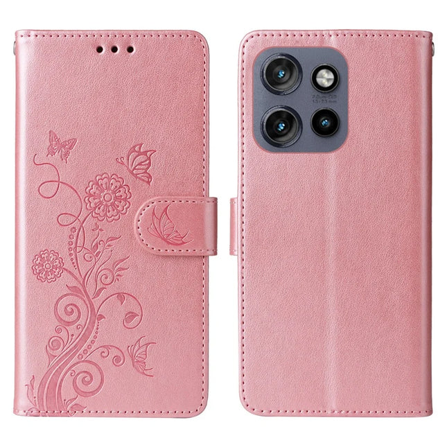Phone Case For Motorola Edge 50 Neo 5G / Moto S50 5G / ThinkPhone 25 5G Wallet Stand Butterfly Floral Imprint Leather Cover - Pink