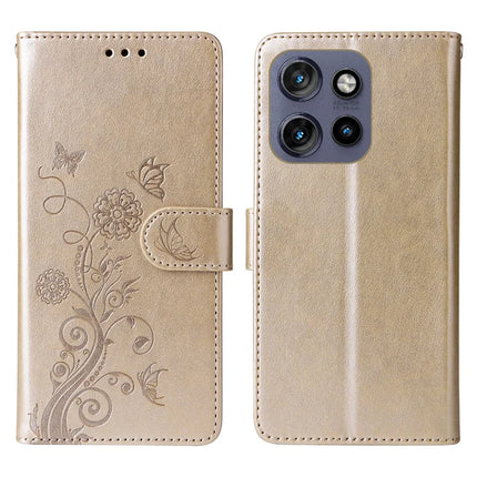 Phone Case For Motorola Edge 50 Neo 5G / Moto S50 5G / ThinkPhone 25 5G Wallet Stand Butterfly Floral Imprint Leather Cover - Gold