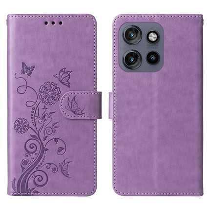 Phone Case For Motorola Edge 50 Neo 5G / Moto S50 5G / ThinkPhone 25 5G Wallet Stand Butterfly Floral Imprint Leather Cover - Purple