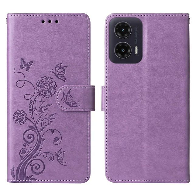 For Motorola Moto G35 5G Case Butterfly Floral Imprint Wallet Stand Leather Phone Cover - Purple