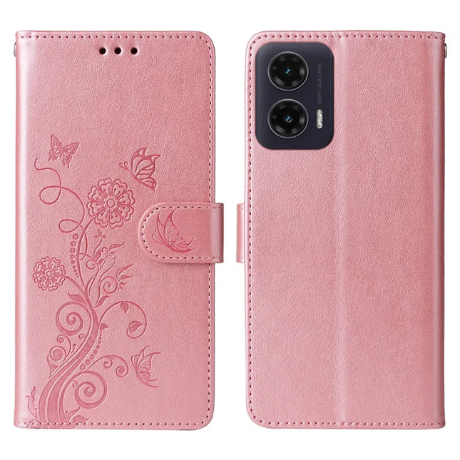 For Motorola Moto G35 5G Case Butterfly Floral Imprint Wallet Stand Leather Phone Cover - Pink