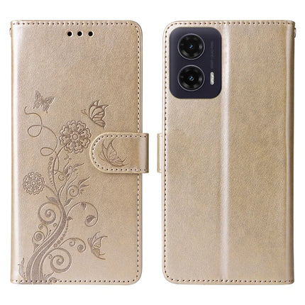 For Motorola Moto G35 5G Case Butterfly Floral Imprint Wallet Stand Leather Phone Cover - Gold