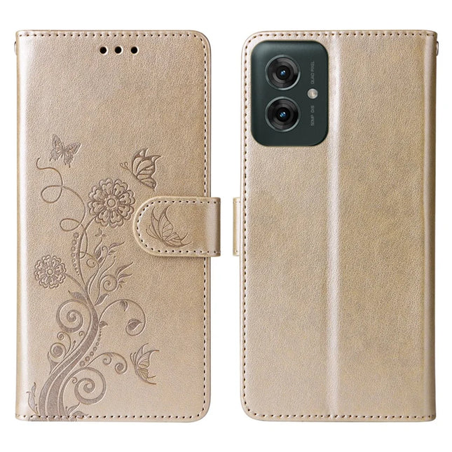 For Motorola Moto G55 5G Case Butterfly Floral Imprint Wallet Stand Leather Phone Cover - Gold