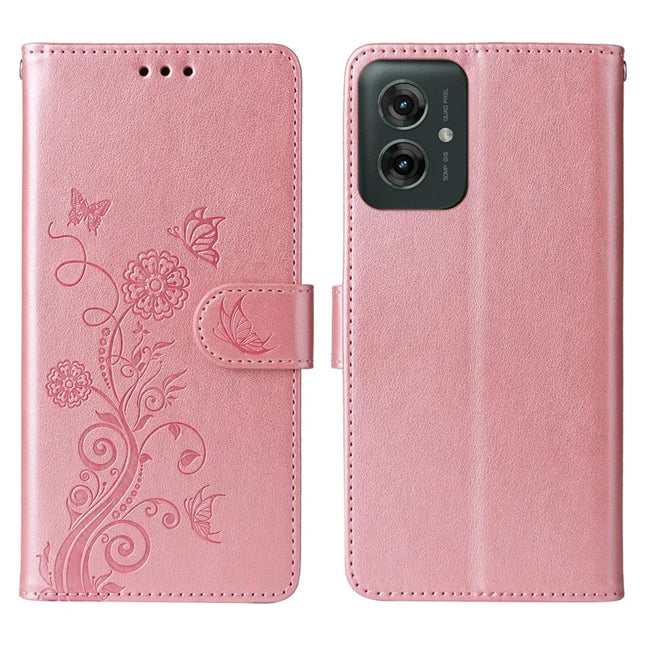 For Motorola Moto G55 5G Case Butterfly Floral Imprint Wallet Stand Leather Phone Cover - Pink