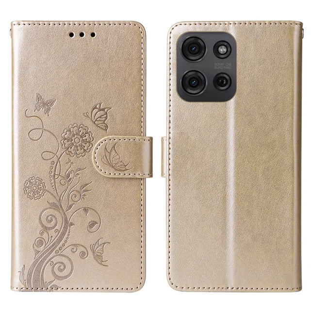 For Motorola Moto G75 5G Leather Case Butterfly Floral Imprint Wallet Stand Cover - Gold