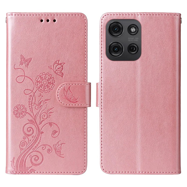 For Motorola Moto G75 5G Leather Case Butterfly Floral Imprint Wallet Stand Cover - Pink