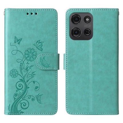 For Motorola Moto G75 5G Leather Case Butterfly Floral Imprint Wallet Stand Cover - Green