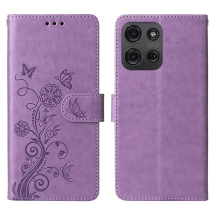 For Motorola Moto G75 5G Leather Case Butterfly Floral Imprint Wallet Stand Cover - Purple