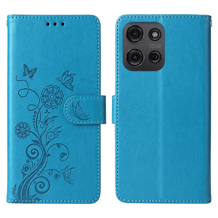 For Motorola Moto G75 5G Leather Case Butterfly Floral Imprint Wallet Stand Cover - Blue