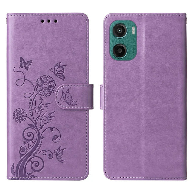 For Motorola Moto G05 4G  /  E15 4G Leather Case Butterfly Floral Imprint Wallet Stand Cover - Purple