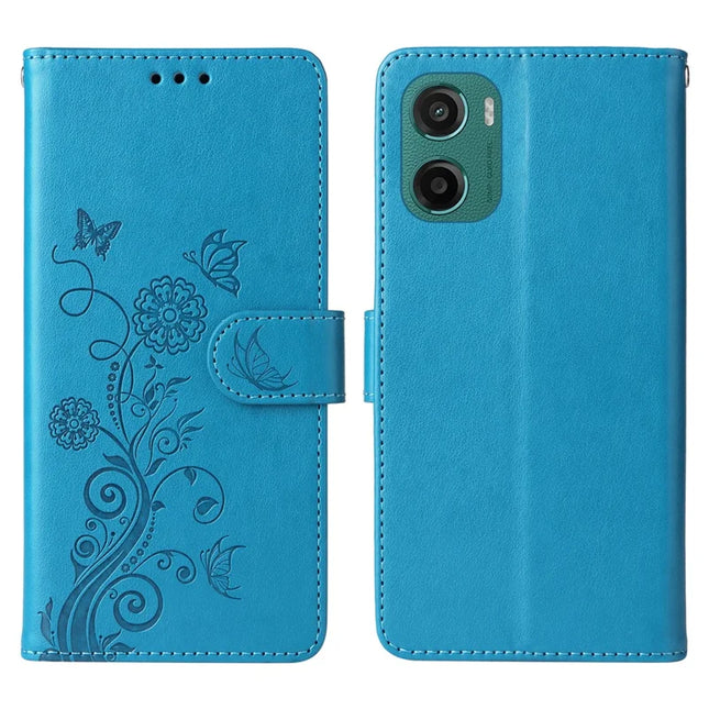 For Motorola Moto G05 4G  /  E15 4G Leather Case Butterfly Floral Imprint Wallet Stand Cover - Blue