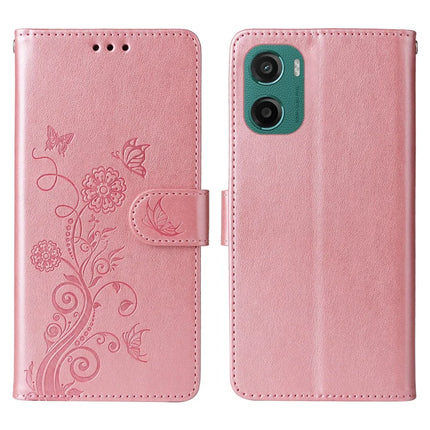 For Motorola Moto G05 4G  /  E15 4G Leather Case Butterfly Floral Imprint Wallet Stand Cover - Pink