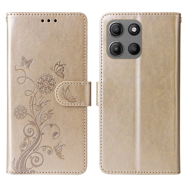 Stand Case for Motorola Moto G15 4G / G15 Power 4G Butterfly Floral Imprint Wallet Leather Phone Cover - Gold