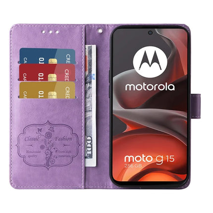 Stand Case for Motorola Moto G15 4G / G15 Power 4G Butterfly Floral Imprint Wallet Leather Phone Cover