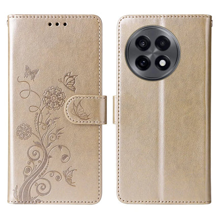 Leather Case For OnePlus 13R 5G  /  Ace 5 5G  /  Ace 5 Pro 5G Butterfly Floral Imprint Wallet Stand Cover - Gold