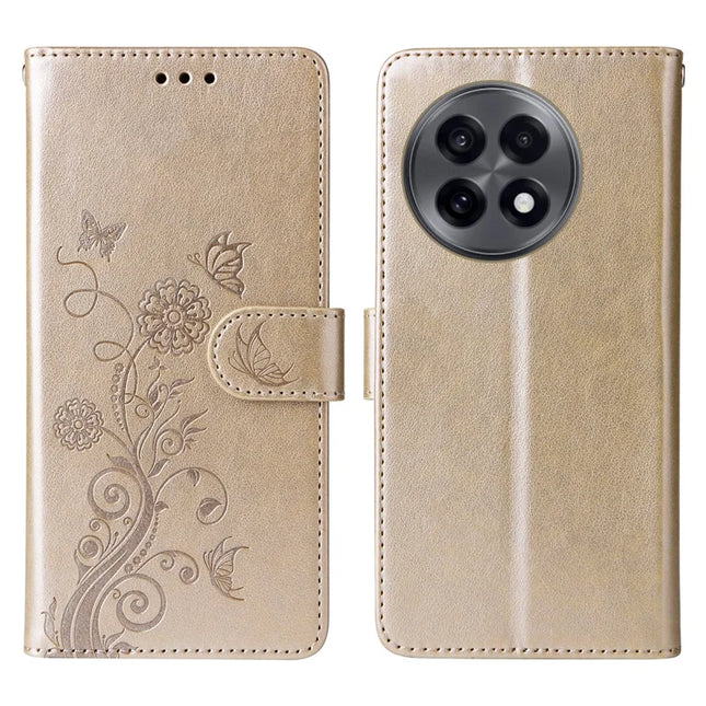 Leather Case For OnePlus 13R 5G  /  Ace 5 5G  /  Ace 5 Pro 5G Butterfly Floral Imprint Wallet Stand Cover - Gold