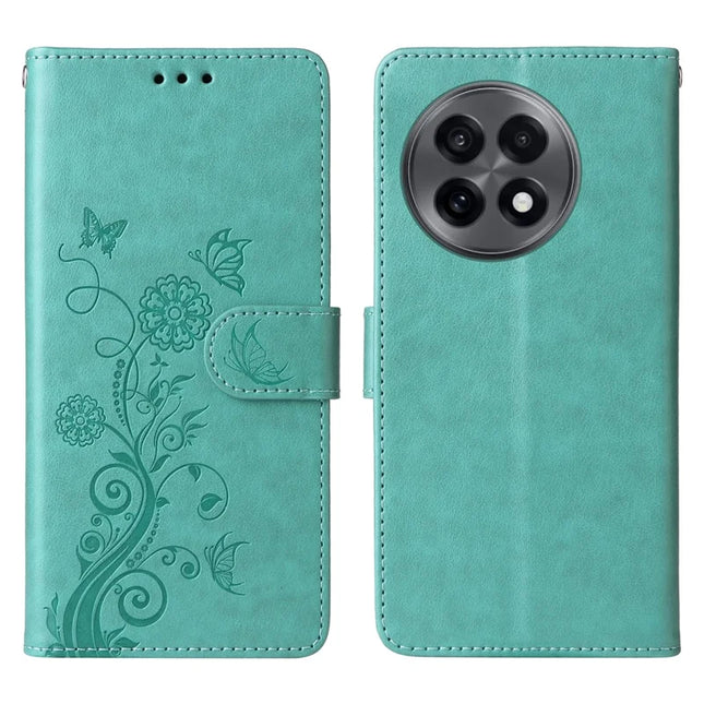 Leather Case For OnePlus 13R 5G  /  Ace 5 5G  /  Ace 5 Pro 5G Butterfly Floral Imprint Wallet Stand Cover - Green