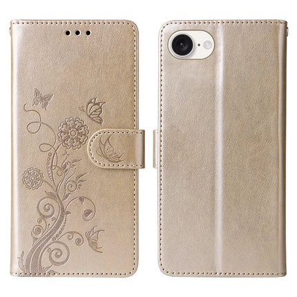 For iPhone 16e Case Butterfly Floral Imprint Wallet Stand Leather Phone Cover - Gold