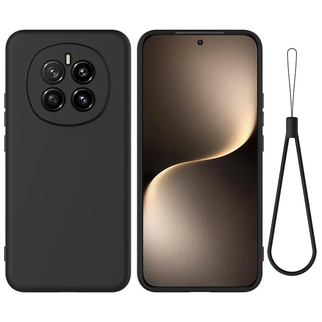 For Honor Magic7 5G Liquid Silicone Case Phone Back Cover with Hand Strap - Black