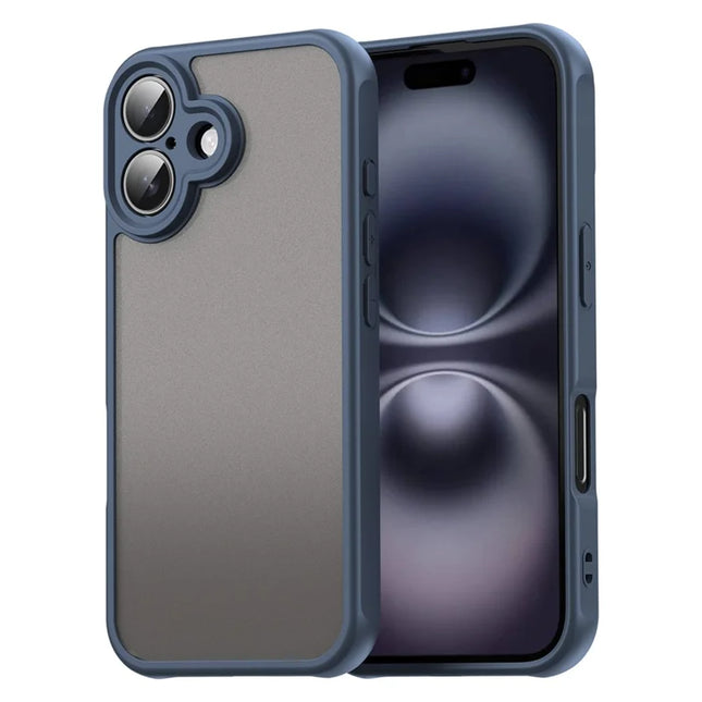For iPhone 16 Case Drop Proof Airbags Frosted Translucent PC + TPU Phone Back Cover - Blue