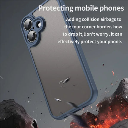 For iPhone 16 Case Drop Proof Airbags Frosted Translucent PC + TPU Phone Back Cover