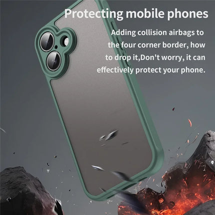 For iPhone 16 Case Drop Proof Airbags Frosted Translucent PC + TPU Phone Back Cover