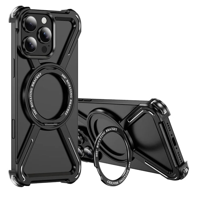 For iPhone 16 Pro Max Magnetic Case Military Grade Anti Drop 360° Rotating Kickstand Titanium Alloy Bumper Phone Cover - Black