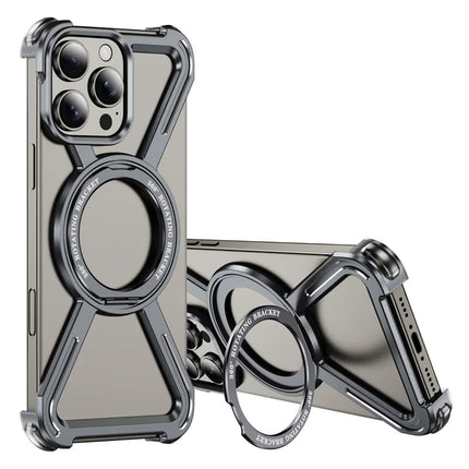 For iPhone 16 Pro Max Magnetic Case Military Grade Anti Drop 360° Rotating Kickstand Titanium Alloy Bumper Phone Cover - Grey