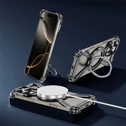 For iPhone 16 Pro Max Magnetic Case Military Grade Anti Drop 360° Rotating Kickstand Titanium Alloy Bumper Phone Cover